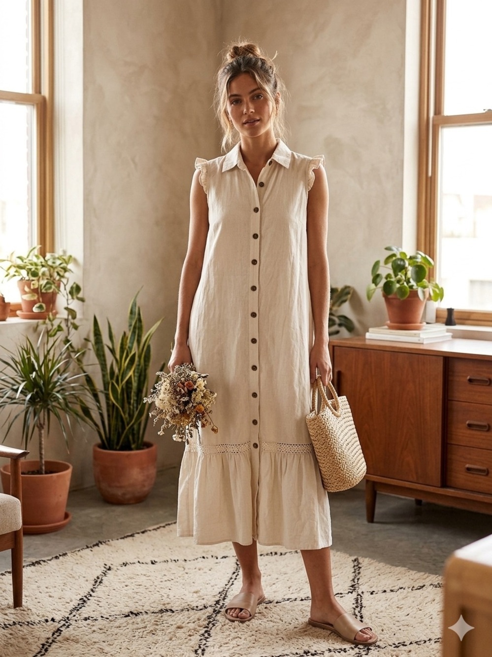 Button-Front Sleeveless Midi Dress in Natural Beige